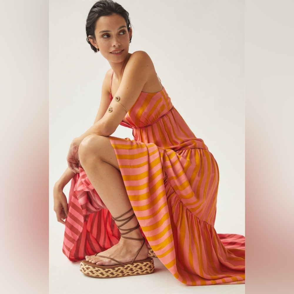 Farm Rio Deep V Mixed-Stripe Maxi Dress x Anthropologie